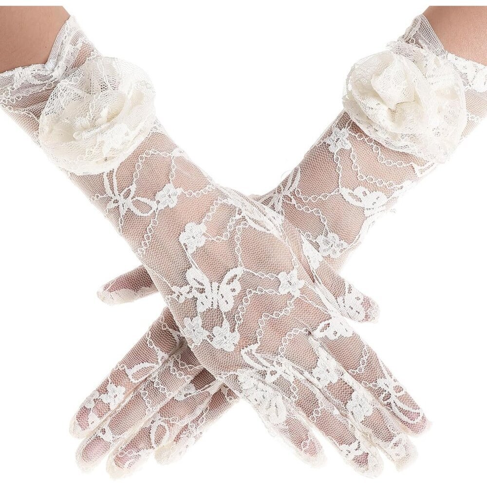 Women's White Floral Lace Opera Elegant Evening Party Prom Gloves Accessories